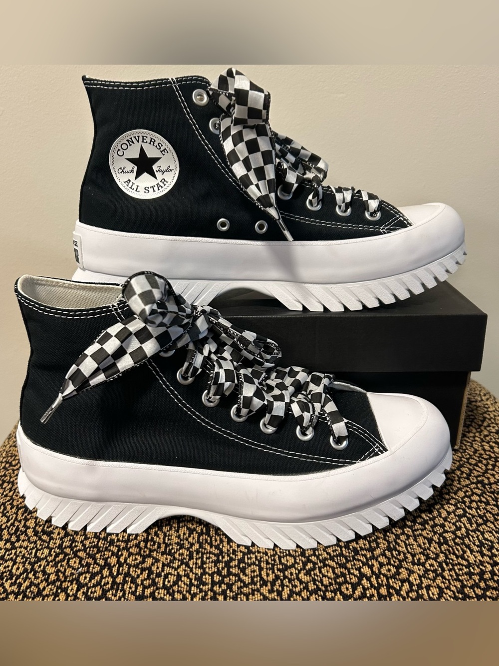 New Converse Black & White High Top Lug Sole Sneakers with Checkerboard Laces